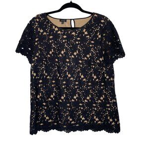 Talbots Black Floral Lace Overlay Blouse Cotton Blend Elegant Top Womens Size 14